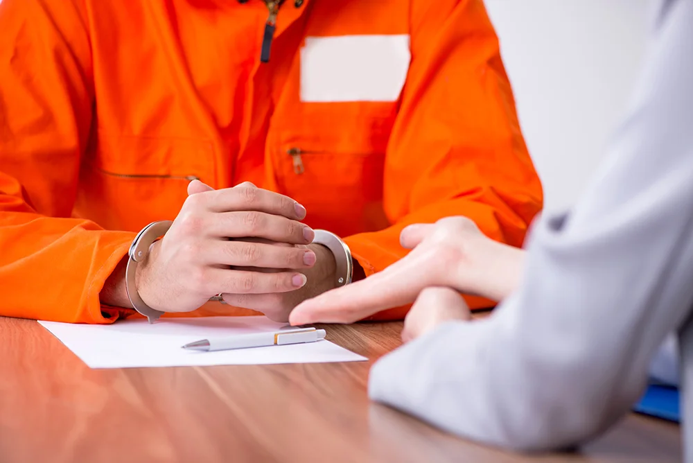 Young man meeting with advocate in pre-trial detention