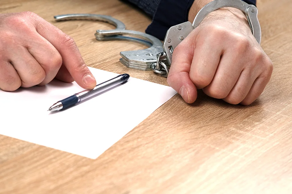 A detainee at the police station. One hand is cuffed, the other is unbuttoned, and there is a pen in his hand for writing explanations. Arrest, bail, felony, jail. the criminal's fingerprints.