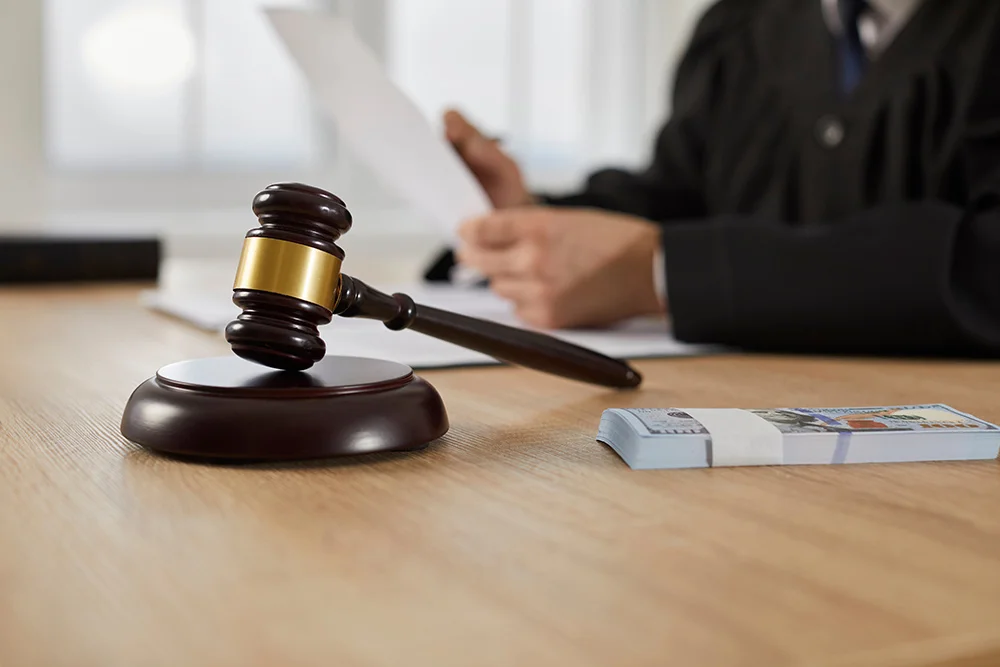 Law, auctioning, corruption, bankruptcy, bail, bribery or fines. Close up of judge gavel standing on sound block and bundle of dollars on table against background of judge or auctioneer with documents