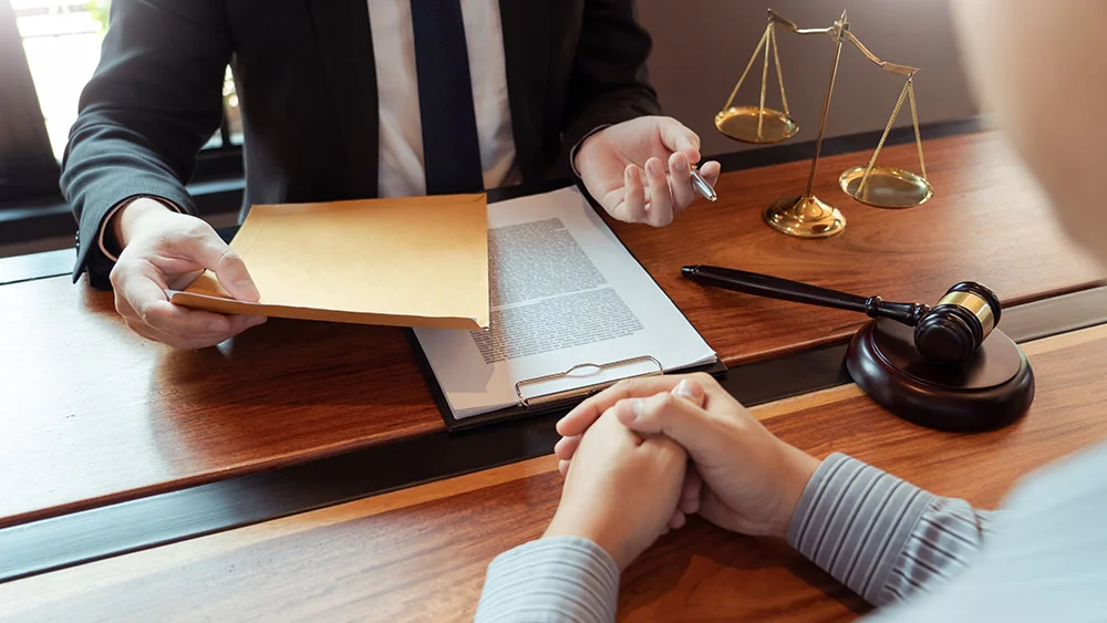 Male Notary lawyer or judge consult or discussing contract papers with Businessman client in office, Law and Legal services concept